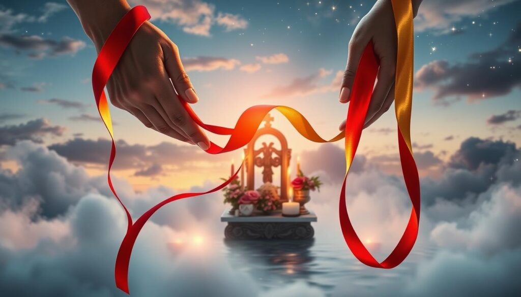 A serene and enchanting scene depicting the concept of "love binding." In the foreground, two elegant hands (Caucasian) gently intertwine colorful, glowing red and gold ribbons, symbolizing connection and harmony. The middle ground features a small, ornate altar adorned with candles, crystals, and fresh flowers, casting soft, warm light across the scene. In the background, a twilight sky is visible, filled with soft clouds and twinkling stars, creating a mystical atmosphere. The lighting is soft and ethereal, with a focus on diffused glow to enhance the feeling of love and enchantment. The image should evoke feelings of warmth, intimacy, and spiritual connection, capturing the essence of a love binding spell in a beautifully artistic manner.