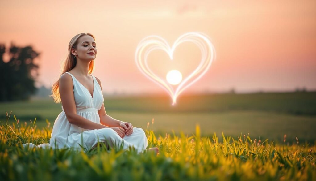 A serene and enchanting scene depicting the concept of "no-ingredient visualization love." In the foreground, a beautiful Caucasian woman in a flowing white dress sits cross-legged on a lush green meadow, her eyes gently closed, radiating warmth and focus. Soft, ethereal light surrounds her, creating a halo effect, symbolizing the power of will. In the middle ground, a glowing heart-shaped aura forms from swirling pastel colors, representing love and connection. The background features a tranquil sunset with soft pinks and oranges, casting a dreamy atmosphere. The scene is softly lit with golden hour sunlight, captured from a low angle to emphasize depth and serenity, creating an inviting and mystical ambiance. The overall mood is peaceful, inspiring, and full of potential for heartfelt connections.