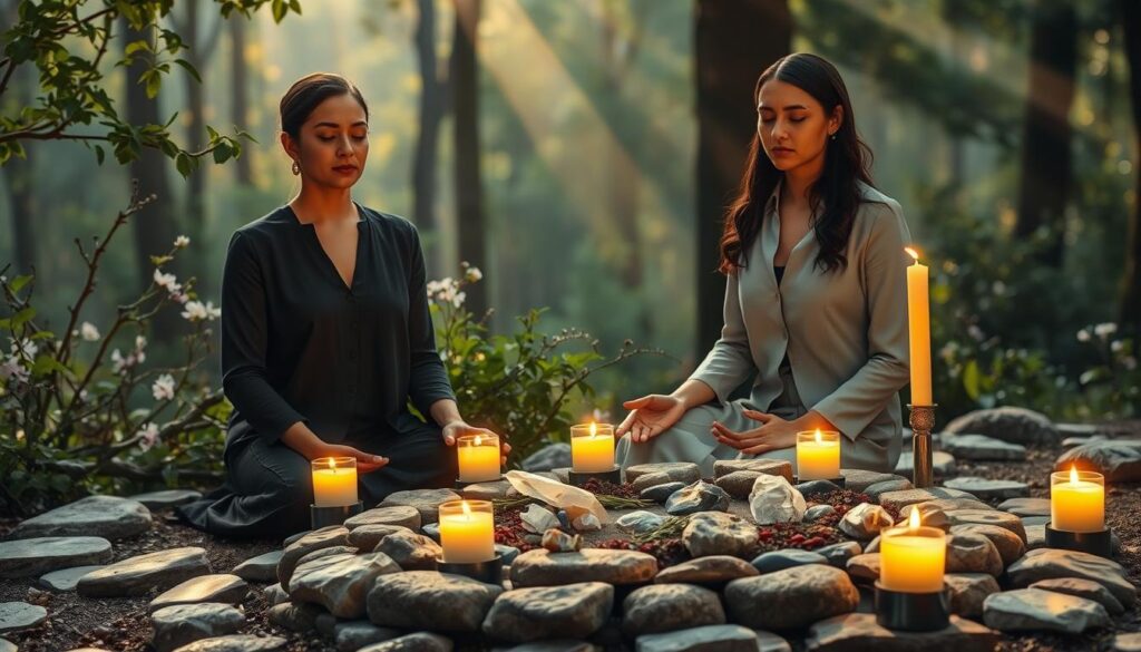 A serene and enchanting scene depicting the concept of "safety spell grounding." In the foreground, a beautifully detailed circular altar made of smooth stones, adorned with crystals and calming herbs, sits surrounded by flickering candles casting warm, golden light. A peaceful Caucasian woman in modest, professional attire kneels beside the altar, her hands gently resting on the earth, eyes closed in meditation, exuding a sense of tranquility and focus. In the middle ground, lush greenery intertwines with delicate flowers, enhancing the feeling of connectivity to nature. The background features a soft, blurred landscape, suggesting a mystical forest, with beams of soft sunlight filtering through the trees, creating a calm and protective ambiance. The overall atmosphere is one of safety, peace, and grounding in the magical practice.