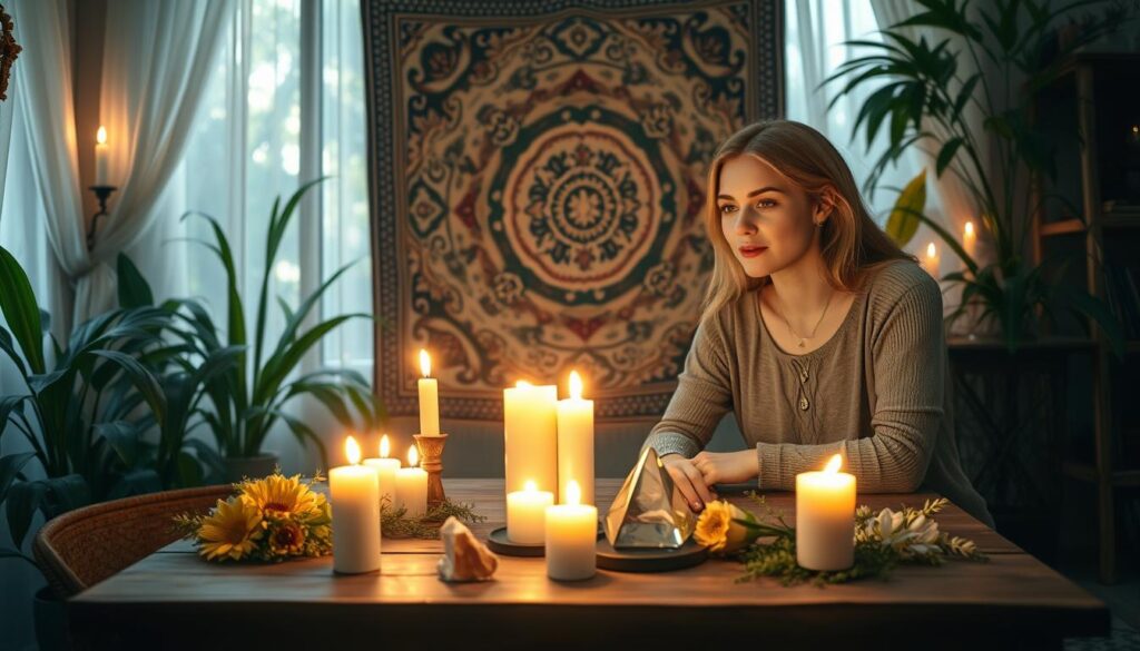 A serene and enchanting scene depicting the essence of love magic intentions. In the foreground, two beautiful Caucasian figures, dressed in modest casual clothing, are seated at a wooden table adorned with love spell components: candles, crystals, and herbs. Their expressions convey a sense of wonder and focus as they share a heartfelt moment, surrounded by glowing, warm candlelight. The middle ground features an ornate tapestry embellished with symbols of love and attraction, softly illuminated by the flickering flames. In the background, a cozy, inviting room filled with lush plants and gentle light filtering through sheer curtains creates a peaceful atmosphere. The overall mood is magical and hopeful, capturing the spirit of intention, free will, and natural attraction in love magic.
