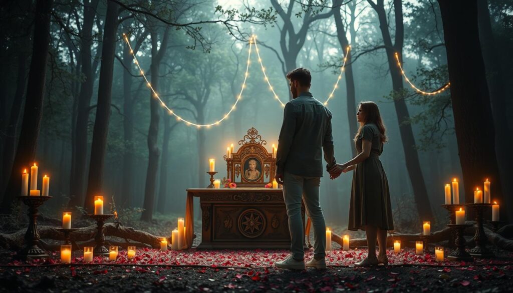 A serene and enchanting scene depicting the essence of "love ritual energy." In the foreground, two beautifully dressed Caucasian figures in modest casual clothing, a man and a woman, stand facing each other with their hands gently clasped, surrounded by a soft glow of warm light. In the middle, an ornate altar adorned with candles, rose petals, and mystical symbols radiates an inviting energy, creating a connection between the figures. The background features a tranquil forest with ethereal wisps of light weaving through the trees, creating a dreamlike atmosphere. The overall mood is romantic and mystical, illuminated by soft, ambient lighting that enhances the enchanting feel of the love ritual, shot from a slightly elevated angle to capture the depth of the scene.