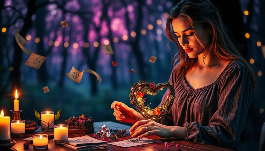 A serene and enchanting scene depicting the essence of love spells. In the foreground, a beautiful Caucasian woman in modest casual attire, illuminated by soft, warm candlelight, is carefully arranging colorful herbs and glowing crystals on a wooden table. Beside her, a heart-shaped object made of intertwined vines and flowers glows gently with an ethereal light, symbolizing love's energy. In the middle ground, fluttering parchment scrolls with intricate glyphs gently swirl, suggesting a magical atmosphere. The background features a softly blurred, mystical forest bathed in twilight hues of purple and pink, with twinkling fairy lights peeking through the trees. The overall mood is captivating and hypnotic, inviting viewers to ponder the mysteries of love and intention. The lighting should be soft and dreamy, capturing a magical evening ambiance.