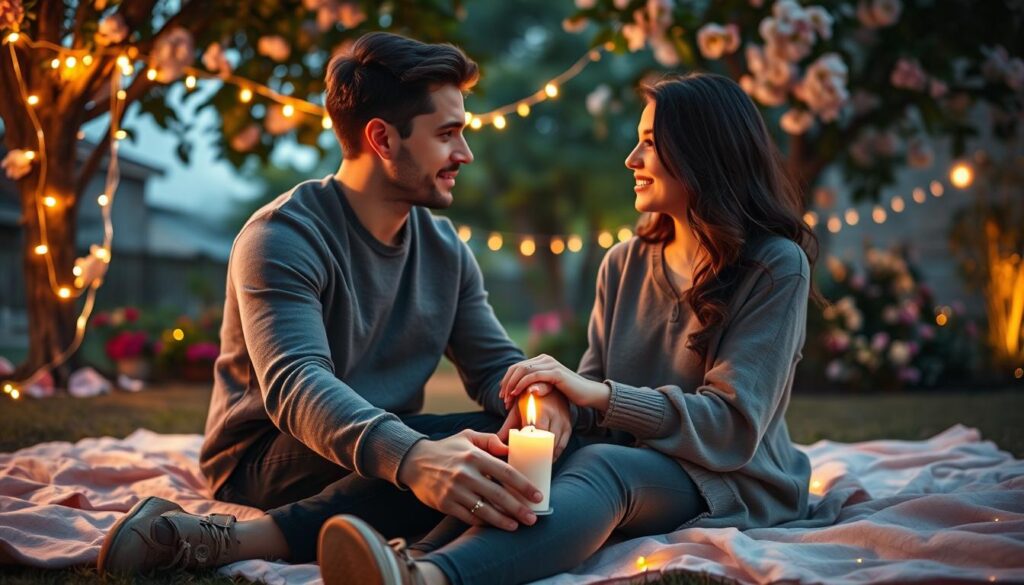 A serene and enchanting scene depicting the essence of rekindling love, featuring a beautiful Caucasian couple sitting close together on a soft, illuminated blanket in a private garden at twilight. The foreground showcases their hands intertwined, with a single glowing candle between them, symbolizing warmth and connection. In the middle background, lush, blooming flowers and gentle fairy lights wrap around the trees, creating a magical atmosphere. The soft glow of golden hour sunlight filters through the leaves, casting a romantic, dreamlike quality over the scene. The couple, dressed in modest casual clothing, gazes into each other's eyes with expressions of hope and affection, embodying the theme of rekindling a lost romance.