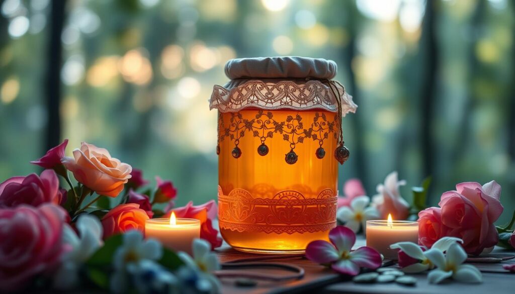 A serene and enchanting scene featuring a beautifully crafted honey jar at the center, adorned with delicate lace and twinkling charms. The jar is filled with golden honey, glistening in soft candlelight, symbolizing sweetness and attraction. Surrounding the jar are vibrant flowers such as roses and jasmine, enhancing the romantic aura. In the background, a tranquil forest setting softly blurred by depth of field, with diffused sunlight filtering through the leaves, creating a warm and inviting glow. The atmosphere is peaceful and magical, evoking feelings of love and connection. The composition captures an intimate moment, inviting viewers to feel the enchanting essence of the honey jar love spell without any text or distractions. A serene and enchanting scene featuring a beautifully crafted honey jar at the center, adorned with delicate lace and twinkling charms. The jar is filled with golden honey, glistening in soft candlelight, symbolizing sweetness and attraction. Surrounding the jar are vibrant flowers such as roses and jasmine, enhancing the romantic aura. In the background, a tranquil forest setting softly blurred by depth of field, with diffused sunlight filtering through the leaves, creating a warm and inviting glow. The atmosphere is peaceful and magical, evoking feelings of love and connection. The composition captures an intimate moment, inviting viewers to feel the enchanting essence of the honey jar love spell without any text or distractions.