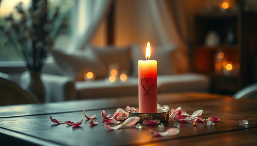A serene and enchanting scene featuring a beautifully crafted pink candle, softly lit and emitting a warm glow, placed at the center of an elegant wooden table. Surrounding the candle are delicate flower petals and small crystals, adding a touch of magic. In the background, a softly blurred, cozy room filled with warm ambient lighting and gentle shadows, creating a peaceful atmosphere. A gentle breeze subtly moves the petals, hinting at a romantic energy. The angle captures the candle from a slightly elevated perspective, emphasizing its importance in the ritual. The entire image conveys a sense of tranquility, love, and intention, inviting viewers into the intimate world of a love spell.