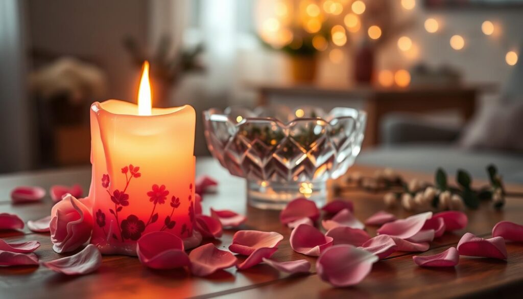 A serene and enchanting scene featuring a softly glowing pink candle at the forefront, casting a warm, gentle light. The candle is beautifully detailed, with wax drippings and floral motifs, symbolizing love and attraction. Surrounding it are delicate rose petals scattered on a wooden table. In the middle ground, a shimmering crystal bowl holds essential oils and herbs for a love spell, creating a mystical aura. The background reveals a softly lit room, adorned with subtle pastel decorations and soft-focus fairy lights, enhancing the romantic atmosphere. The lighting should be soft and warm, evoking feelings of tranquility and intimacy, captured from a slightly elevated angle to provide depth. The overall mood is inviting and magical, perfect for gentle attraction work.