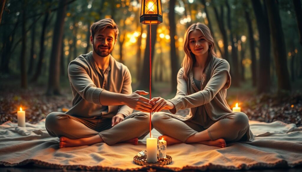A serene and enchanting scene featuring two beautiful Caucasian figures, a man and a woman, seated cross-legged on a soft, natural fabric under a softly glowing lantern. In the foreground, their hands are gently clasped together with a colorful thread binding them, creating a visual connection. The middle ground showcases a small altar with candles and crystals, symbolizing the power of the charm. In the background, a lush, mystical forest is bathed in warm golden light, enhancing a captivating and magical atmosphere. The image should evoke feelings of love, connection, and harmony, captured from a mid-angle perspective to emphasize the enchanting details of the scene, with a dreamy bokeh effect in the background for added depth.