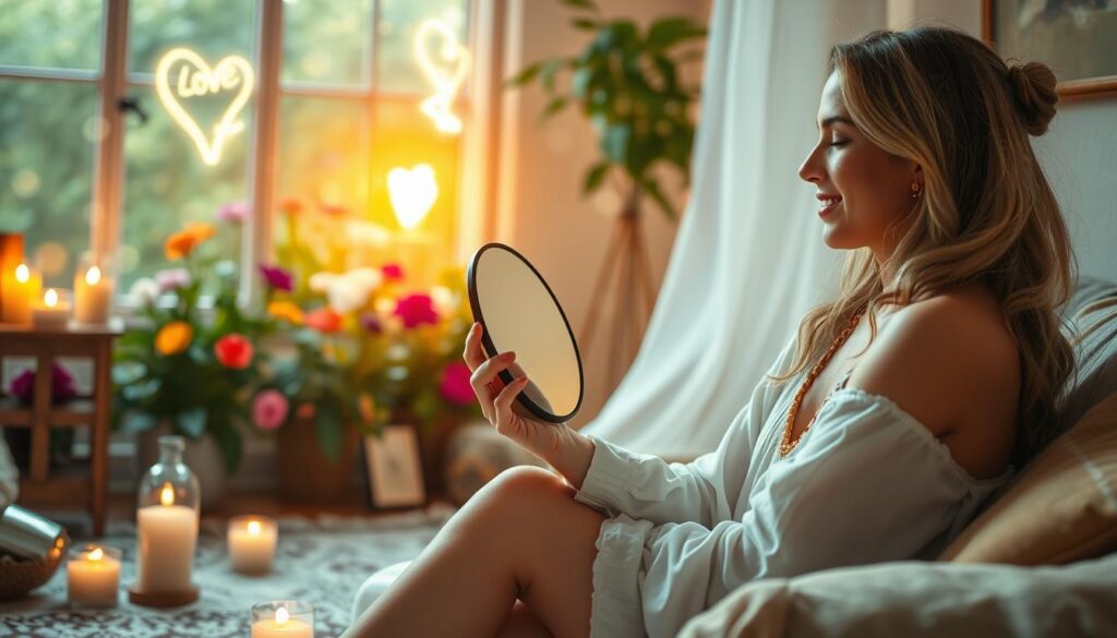 A serene and enchanting scene illustrating the concept of "self-love love spell." In the foreground, a beautiful Caucasian woman sits in a cozy, softly lit room, surrounded by candles and crystals, embodying confidence and peace. She holds a small mirror, gazing at her reflection with a gentle smile, symbolizing self-acceptance. In the middle ground, a lush indoor garden with vibrant flowers and warm, golden light filtering through a window creates an uplifting atmosphere. The background features ethereal, glowing symbols of love and affirmation softly overlaying the scene. The overall mood is warm and inviting, with a focus on tranquility and personal empowerment, captured with a soft focus lens to enhance the dreamlike quality.