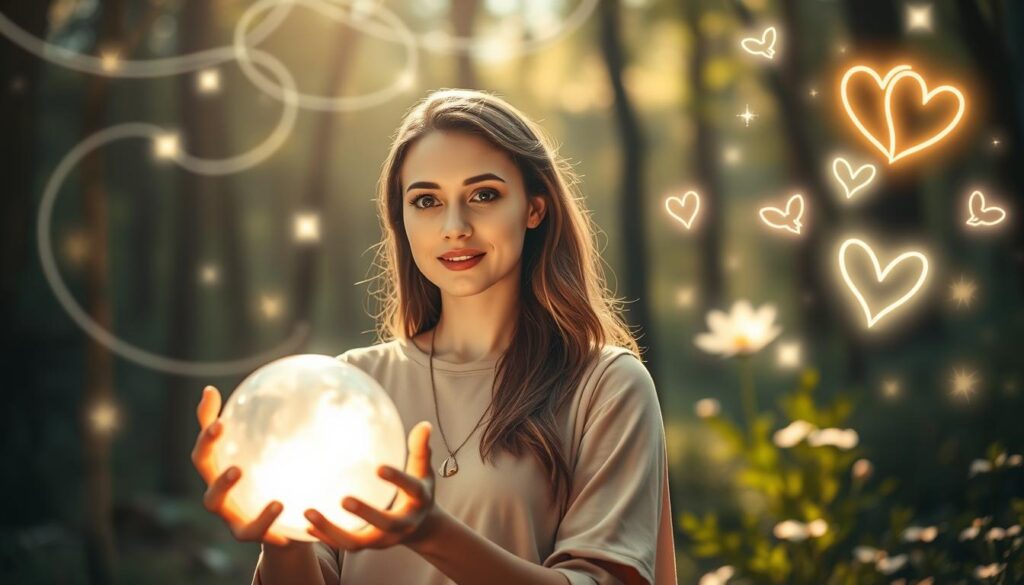 A serene and enchanting scene illustrating "white magic." In the foreground, a beautiful Caucasian woman, dressed in modest casual attire, gently holds a glowing crystal orb, radiating soft white light that symbolizes love and positivity. The middle ground features ethereal wisps of light swirling around her, creating a magical atmosphere. In the background, a tranquil forest setting with luminous, softly glowing flowers and sparkling symbols of harmony, such as intertwined hearts and doves. The lighting is warm, casting a gentle glow on her face, evoking feelings of hope and serenity. The composition is captured from a slightly low angle, emphasizing the woman's connection to the mystical elements around her, creating a dreamlike and inspiring mood.