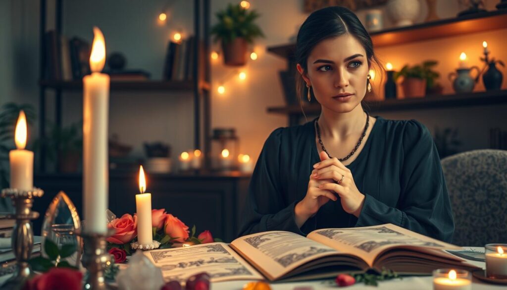 A serene and enchanting scene inside a softly lit room, where a beautifully arranged altar is set for a love spell. In the foreground, a Caucasian woman in elegant, modest attire gazes thoughtfully at flickering candles, surrounded by crystals and fresh roses. Her hands are gently clasped, and she exudes a sense of purpose and calm. In the middle ground, the altar features an array of vibrant, colorful herbs and an open spell book with intricate illustrations, emphasizing the theme of intention. The background showcases shelves lined with mystical books and potted plants, with warm, golden lighting creating a magical and inviting atmosphere. The overall mood is one of tranquility, focus, and the sacredness of setting intentions. The angle captures the woman's contemplative expression, drawing viewers into the world of spell-work.