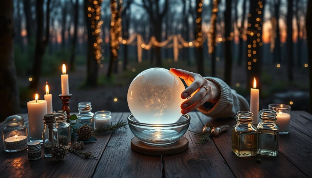 A serene and enchanting scene showcasing various love spell ideas. In the foreground, a beautifully arranged wooden table is adorned with candles, herbs, and small glass vials containing glittering potions. A pair of delicate hands, wearing modest casual clothing, are carefully mixing ingredients in a small bowl, representing the act of spellcasting. In the middle, a softly glowing crystal ball reflects the light from the candles, creating a warm and inviting atmosphere. The background features an ethereal forest setting bathed in twilight, with twinkling fairy lights hanging from trees. The overall lighting is soft and magical, enhancing the romantic mood, while the angle captures the inviting essence of the spellcasting process, making it feel accessible and intriguing.