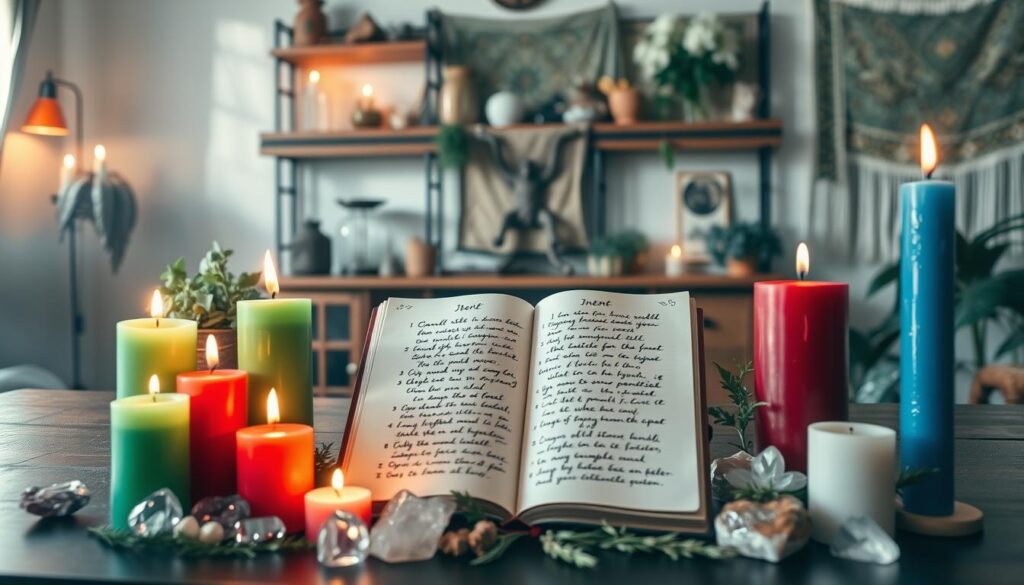 A serene and enchanting setting showcasing the foundations of candle magic. In the foreground, a beautifully arranged altar featuring a variety of colorful candles—red, green, blue, and white—each representing different intentions. Surrounding the candles are delicate crystals and herbs, with soft, shimmering light reflecting off them. In the middle, an open spellbook, with pages gently fluttering, revealing handwritten notes on intent and candle colors. The background is a softly lit room with shelves filled with mystical artifacts, plants, and ethereal tapestries, casting gentle shadows. The atmosphere is warm and inviting, fostering a sense of tranquility and focus, ideal for new practitioners. The lighting is soft and diffused, creating an enchanting glow, inviting the viewer into the world of candle magic.