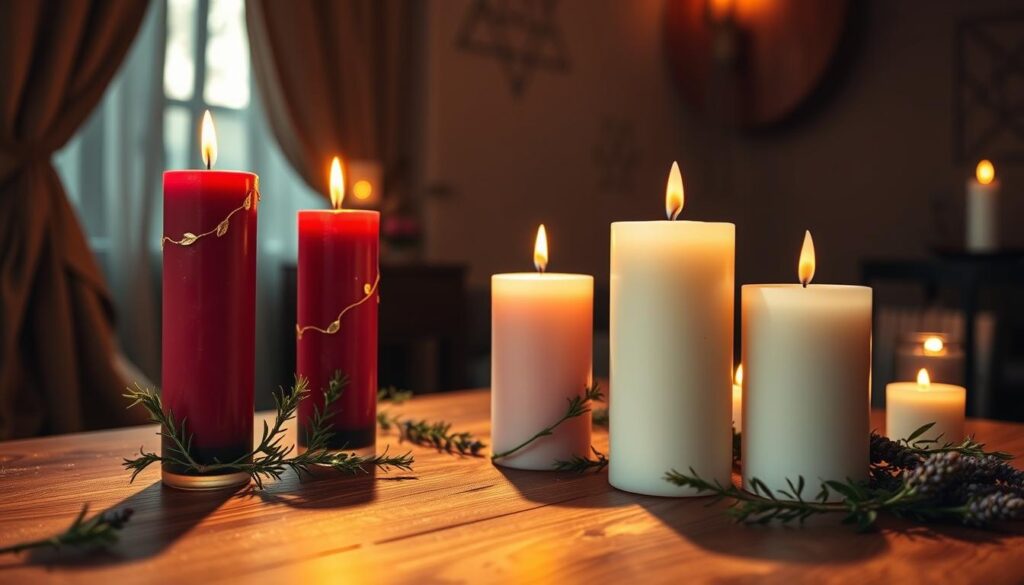 A serene and enchanting setup of several beautifully crafted candles representing love magic. In the foreground, feature a trio of candles in varying heights, one deep red, one soft pink, and one creamy white, each adorned with delicate gold accents. Surround them with small sprigs of herbs like rosemary and lavender, hinting at their magical properties. In the middle ground, create a rich, textured wooden table that adds warmth, with subtle shadows cast by the flickering candlelight. In the soft-focus background, include a hint of a dimly lit room with draped fabrics and mystical symbols etched on the walls. Use warm, golden lighting to enhance the magical atmosphere, invoking feelings of romance and enchantment. The composition should have a soft and inviting feel, perfect for a love spell setting.