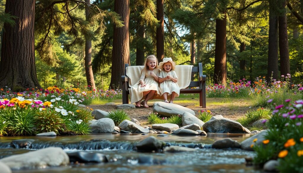 A serene and enchanting woodland setting, capturing the essence of a peaceful moment. In the foreground, a gentle stream flows over smooth stones, surrounded by vibrant wildflowers in a spectrum of colors. In the middle, a quaint wooden bench overlooks the stream, adorned with a soft, pastel blanket draped over it. Two joyful Caucasian children, dressed in casual, modest attire, are seated on the bench, sharing a moment of laughter and connection, embodying warmth and innocence. The background features tall, lush trees with dappled sunlight filtering through their leaves, creating a soft, ethereal glow. The atmosphere is tranquil and nostalgic, resonating with the theme of feeling love rather than spelling it, inviting viewers to immerse themselves in a moment of pure joy and connection. A serene and enchanting woodland setting, capturing the essence of a peaceful moment. In the foreground, a gentle stream flows over smooth stones, surrounded by vibrant wildflowers in a spectrum of colors. In the middle, a quaint wooden bench overlooks the stream, adorned with a soft, pastel blanket draped over it. Two joyful Caucasian children, dressed in casual, modest attire, are seated on the bench, sharing a moment of laughter and connection, embodying warmth and innocence. The background features tall, lush trees with dappled sunlight filtering through their leaves, creating a soft, ethereal glow. The atmosphere is tranquil and nostalgic, resonating with the theme of feeling love rather than spelling it, inviting viewers to immerse themselves in a moment of pure joy and connection.