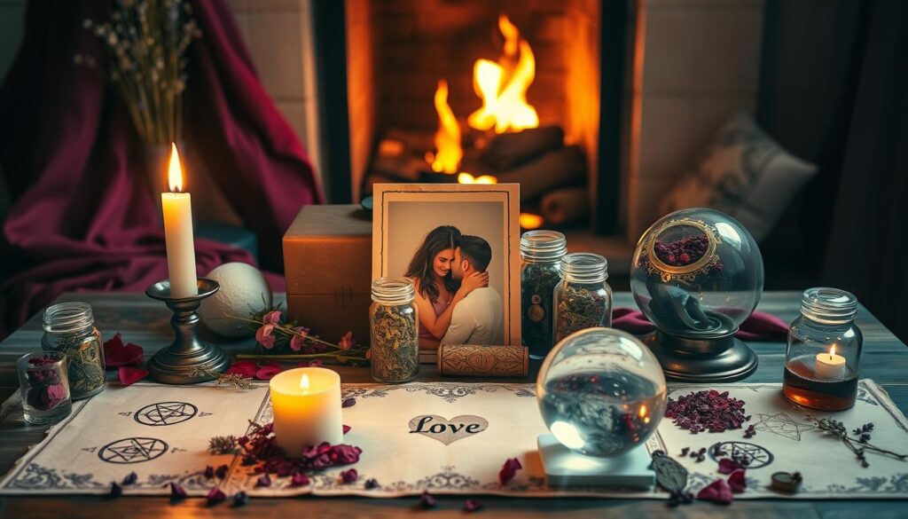 A serene and enchanting workspace filled with love spell tools. In the foreground, a table adorned with a flickering candle, vibrant herbs, and detailed symbols arranged around a heartfelt photograph of a couple. The candle emits a warm, golden light, casting soft shadows across the table. In the middle layer, delicate glass jars filled with dried herbs like rose petals and lavender mingle with essential oils, while a small crystal ball sits nearby, reflecting the warm candlelight. In the background, a gently glowing hearth adds to the cozy atmosphere, surrounded by soft fabric draped in rich, jewel-toned colors. The composition should evoke a feeling of intimacy and tranquility, perfect for a romantic setting. The lighting is warm and inviting, creating a magical, dreamlike mood.