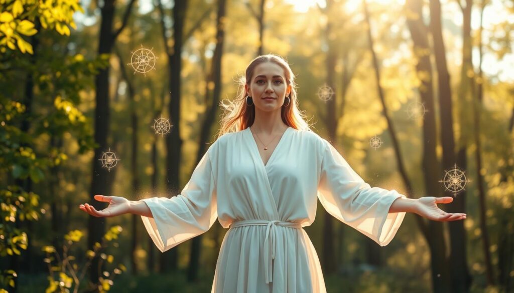 A serene and ethereal scene depicting the concept of protection through spiritual binding. In the foreground, a beautiful Caucasian woman, dressed in modest, flowing white attire, stands with her arms outstretched, surrounded by a shimmering barrier of light encapsulating her. Her expression is calm and focused, representing inner strength. In the middle ground, delicate, glimmering symbols and runes float softly, enhancing the mystical aspect of the binding spell. The background features a tranquil forest, bathed in soft, golden sunlight filtering through the leaves, creating a warm, inviting atmosphere. The scene should evoke a sense of safety, peace, and spiritual growth, captured from a slightly elevated angle to encompass both the subject and the enchanting surroundings.