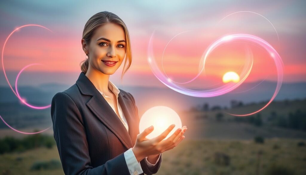 A serene and ethereal scene representing "energy" in the context of love and harmony. In the foreground, a beautiful Caucasian woman in professional attire, gently holding a luminous orb of soft, glowing light, symbolizes the protection of positive energy. In the middle ground, delicate swirling patterns of vibrant colors—pinks, blues, and golds—intertwine gracefully, illustrating the flow of love and emotional healing. The background features a tranquil landscape with a soft sunrise illuminating the sky, casting a warm, inviting glow over the scene. The lighting is soft and diffused, creating an uplifting atmosphere. A wide-angle lens captures the expansive feeling of hope and renewal, conveying a mood of peace, joy, and rejuvenation. The composition is balanced and harmonious, encouraging viewers to feel inspired and protected in their journey of love.