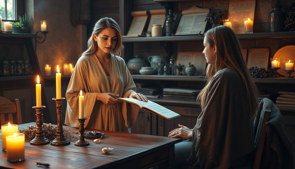A serene and focused setting depicting a professional spell caster and their client engaged in a meaningful session. In the foreground, the spell caster, a beautiful Caucasian woman in a flowing, elegant robe, stands at a wooden table adorned with candles, crystals, and mystical tools. Her expression is calm and wise as she gestures toward a glowing spell book. The client, also a beautiful Caucasian figure, is seated opposite her, dressed in modest casual attire, looking attentive and hopeful. In the middle ground, warm candlelight flickers, creating an inviting atmosphere, while soft shadows add depth. The background features shelves filled with herbs, scrolls, and enchanting artifacts. The lighting is warm and ethereal, capturing a magical ambiance, with a focus on the connection and trust between the two figures.