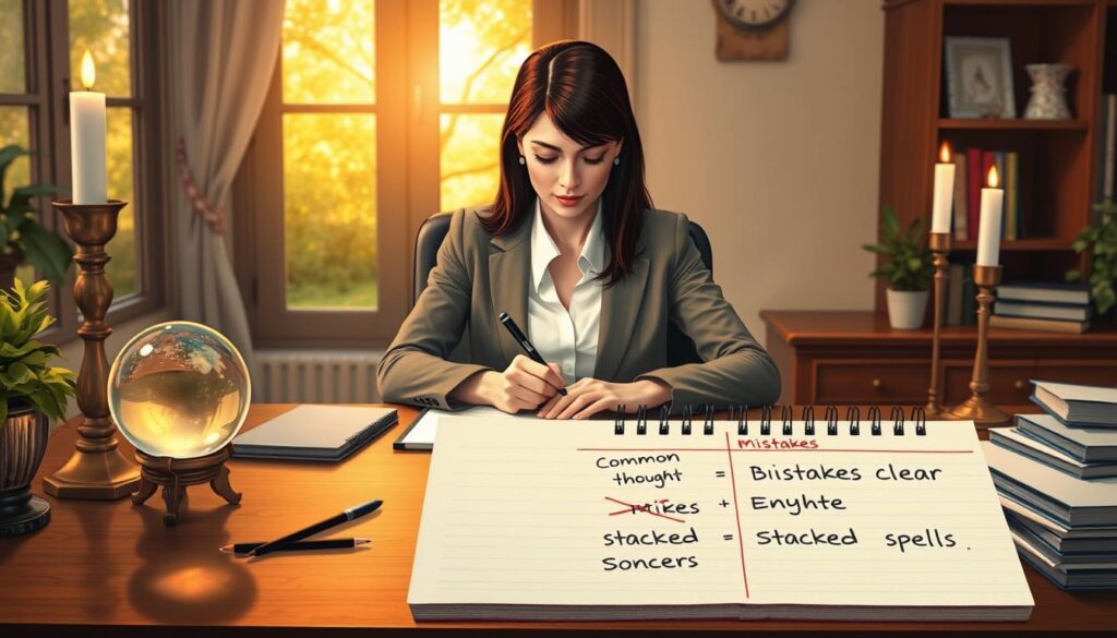 A serene and focused workspace setting, illustrating a professional-looking woman in a modest business outfit, sitting at a tidy desk with a crystal ball and candles arranged thoughtfully. In the foreground, she is carefully jotting down notes, symbolizing clear intentions. The middle ground features a subtle display of common mistakes represented by a cluttered notepad with crossed-out phrases like "negative thoughts" and "stacked spells." The background is softly illuminated by warm, golden lighting, creating an inviting atmosphere, with a window showing a tranquil garden, symbolizing growth and positive energy. The overall mood is one of clarity and mindfulness, emphasizing the importance of setting clear intentions in love spells.