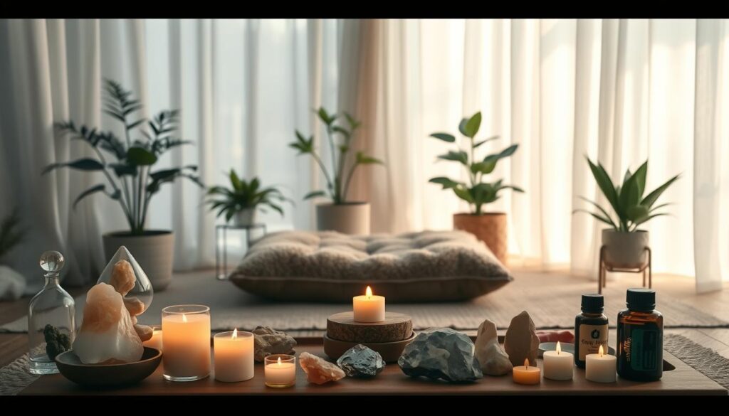 A serene and harmonious space designed for cleansing and centering energy. In the foreground, a beautifully arranged altar is adorned with crystals, candles, and essential oils, gently emitting a warm glow. Softly flickering candlelight illuminates the scene, casting delicate shadows. In the middle, a plush meditation cushion in calming earthy tones invites relaxation, flanked by potted plants that bring a touch of nature indoors. The background features softly draped curtains filtered light, enhancing the tranquil ambiance. The overall composition conveys a soothing atmosphere, perfect for spiritual preparation, encouraging feelings of peace and readiness. Ideal lighting for this image is soft and diffused, reminiscent of early morning light, with a slightly elevated angle capturing the depth of the space.