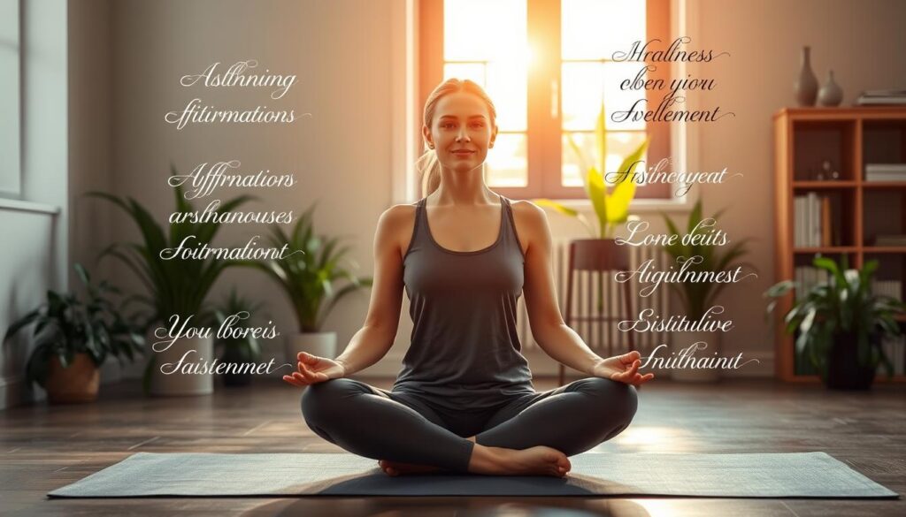 A serene and inspiring indoor setting with a large window allowing soft, warm sunlight to stream in. In the foreground, a beautiful Caucasian woman sits cross-legged on a yoga mat, wearing comfortable, professional yoga attire, her hands resting gently on her knees. Her expression is peaceful and focused, embodying the spirit of mindfulness. Surrounding her are artistic representations of healing affirmations written in elegant, flowing script, visually radiating from her as if they are filled with light. In the background, lush green plants and a simple bookshelf filled with spiritual texts create a calming atmosphere. The lighting is soft and warm, enhancing the tranquil mood that invites a sense of wellness and healing energy.