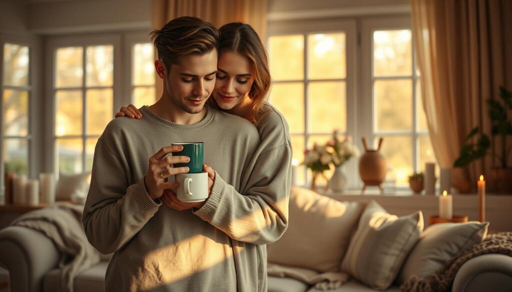 A serene and intimate scene depicting the essence of "aftercare love" in a cozy, softly lit living room. In the foreground, a gentle embrace between two beautiful Caucasian individuals, dressed in modest casual clothing, radiating warmth and support. One person is holding a steaming cup of tea, while the other rests their head on their shoulder, conveying comfort and connection. In the middle ground, a cozy couch adorned with soft blankets and cushions, along with personal touches like candles and flowers, enhances the atmosphere. The background features large windows allowing warm, golden afternoon light to filter in, creating a peaceful and nurturing ambiance. The overall mood is tender and loving, capturing the essence of integrating magic into real-world relationships.