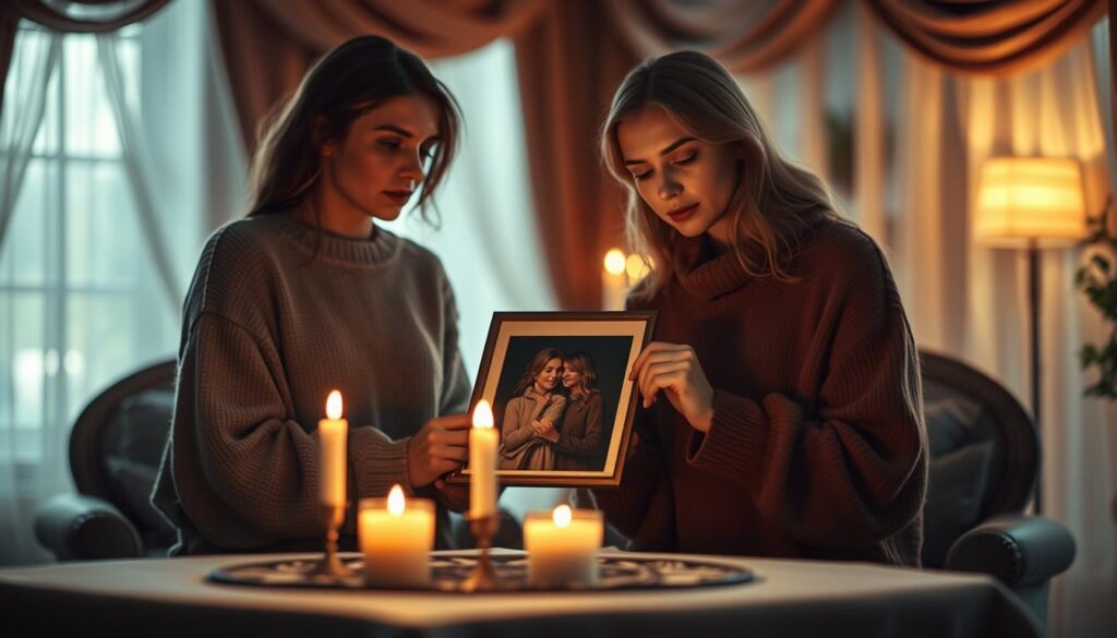 A serene and intimate scene featuring two beautiful Caucasian figures engaged in a picture reconnect ritual. In the foreground, a softly lit table holds a framed photograph of them together, surrounded by delicate candles emitting a warm glow. The middle ground features the figures, one wearing cozy, modest casual clothing, focused and intent as they hold hands and gaze at the photo. Their expressions reflect hope and connection. In the background, a softly blurred enchanting room filled with rich fabrics and gentle lighting creates an atmosphere of warmth and magic. The angle captures both figures from a slightly elevated perspective, emphasizing their bond and the significance of the ritual. The overall mood is heartfelt and mystical, inviting the viewer into the scene.