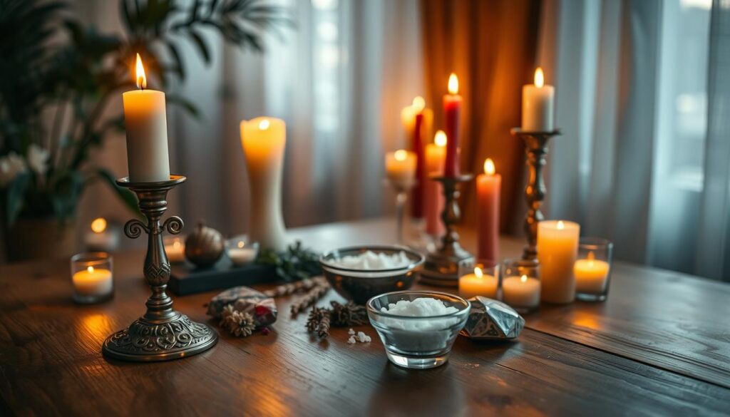 A serene and intimate scene of love rituals unfolding on a wooden table, adorned with various beautifully crafted candles of different heights and colors, glowing softly. In the foreground, a pair of elegant, intricately designed candle holders cast warm light on the delicate materials around them. In the middle, neatly arranged herbs, crystals, and a small bowl filled with salt reflect the natural elements of the ritual. The background features a softly blurred, mystical ambiance with faint shadows of plants and curtains, enhancing the atmosphere. The lighting is warm and inviting, creating a tranquil mood perfect for a love binding spell. Capture this moment from a slightly elevated angle, conveying a sense of depth and ensuring the beauty of this ritual is fully appreciated.