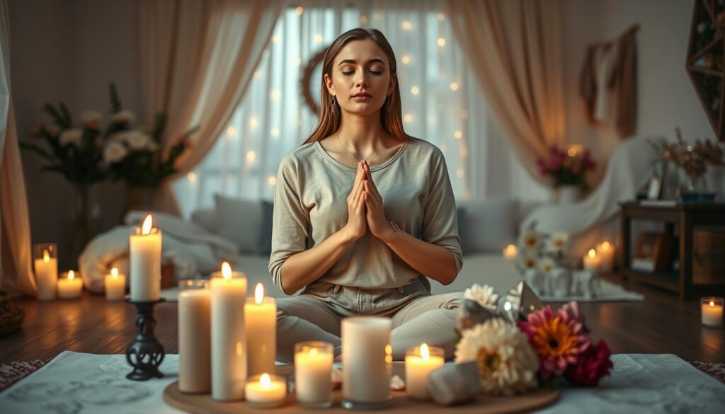 A serene and intimate setting for the theme of intentions in love. In the foreground, a beautifully arranged altar with candles, crystals, and fresh flowers symbolizing love, surrounded by soft, ambient light that casts a warm glow. In the middle, a thoughtful Caucasian woman dressed in modest casual clothing, kneeling with eyes closed, hands gently clasped in meditation, embodying calm and clarity. Her expression reflects determination and hope. In the background, a softly blurred room filled with romantic decor, such as soft drapes and gentle lighting, enhancing the mood of tranquility and focus. The composition should have a shallow depth of field to emphasize the woman and altar, with a soft, dreamy lighting that creates a peaceful atmosphere, inviting viewers to connect with the theme of setting clear intentions.