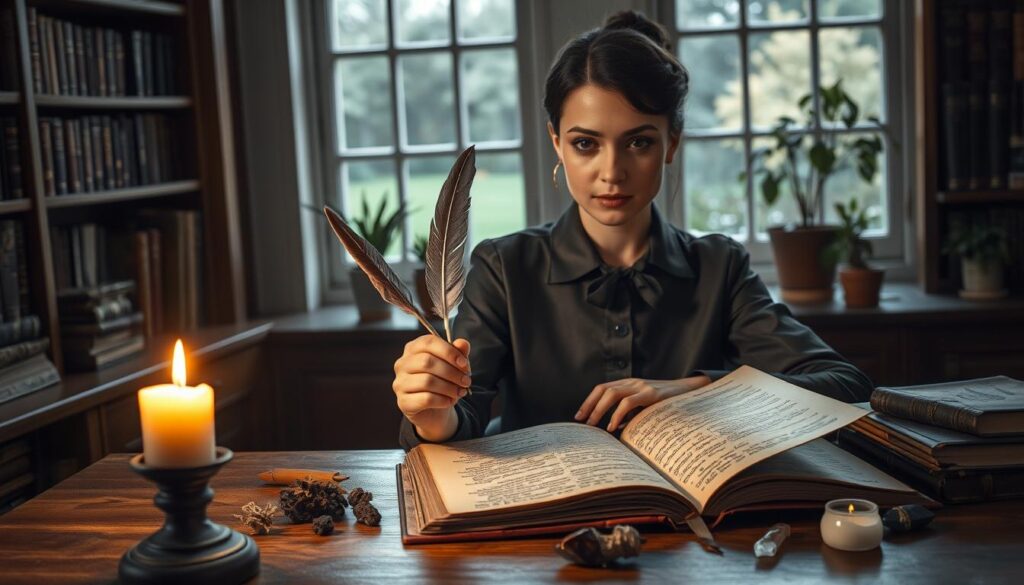 A serene and introspective scene depicting a beautifully lit, calming study environment. In the foreground, a modestly dressed Caucasian woman in professional attire sits at a wooden desk, engaging in the practice of ethical obsession spells. She holds a feather quill poised over an open, ancient-looking leather-bound book filled with script and mystical symbols. In the middle ground, a softly glowing candle flickers, casting warm light, alongside herbs and crystals displayed in a harmonious arrangement. The background features a bookshelf lined with esoteric texts, potted plants adding a touch of life, and a subtle window showing a peaceful garden outside. The overall mood is contemplative and respectful, encouraging a sense of ethical consideration in magical practices, with soft, warm lighting enhancing the atmosphere.