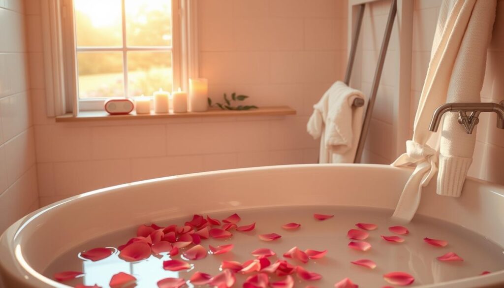 A serene and inviting bathroom scene designed for an attraction bath ritual. In the foreground, a beautiful porcelain tub filled with warm water and scattered rose petals, glistening in soft candlelight. A plush, white bathrobe drapes elegantly nearby, suggesting a ritual in progress. In the middle ground, a delicate wooden shelf holds aromatic candles and a small bowl of rose petals. A Bluetooth speaker plays soft, soothing music, enhancing the atmosphere. In the background, a gentle window showcases a garden view bathed in soft, golden sunlight, creating a warm, tranquil ambiance. The color palette features soft pinks, whites, and warm golds, fostering a mood of romance and self-care, perfect for attracting one’s soulmate.