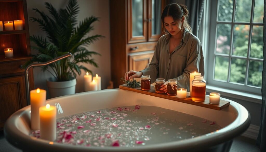 A serene and inviting bathroom scene set in soft, ambient lighting. In the foreground, a beautifully decorated bathtub filled with shimmering water, surrounded by candles of various sizes glowing faintly. Delicate flower petals float atop the water, enhancing the romantic vibe. A beautiful Caucasian woman in modest casual clothing stands beside the tub, gently placing honey jars on a wooden shelf arranged with herbs, symbolizing the love spell theme. The middle ground features a lush green plant and a rich wooden cabinet, while the background hints at a softly blurred window revealing a tranquil garden outside. The atmosphere is magical and calming, evoking a sense of warmth and intimacy, perfect for a love spell ritual. The composition should have a cozy, inviting feel as if inviting the viewer into a peaceful home setting.