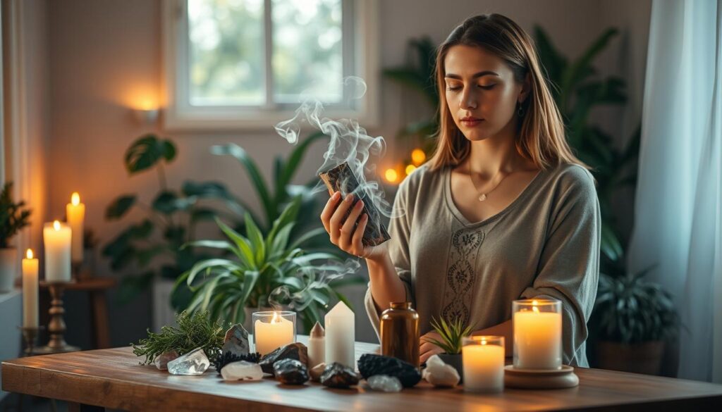 A serene and inviting indoor space, illuminated by soft, warm candlelight. In the foreground, a beautiful Caucasian woman, dressed in modest casual clothing, is gently cleansing the air with sage smoke, creating a sense of purification. The middle ground features various crystals and herbs artfully arranged on a wooden table, symbolizing grounding and energetic protection. In the background, vibrant plants flourish, enhancing the mood of vitality and life. Subtle rays of light filter through a window, casting a gentle glow. The atmosphere is tranquil and focused, evoking feelings of safety and spiritual readiness, perfect for energetic preparation. The image captures the essence of cleansing, grounding, and protecting one’s space for positive energy.