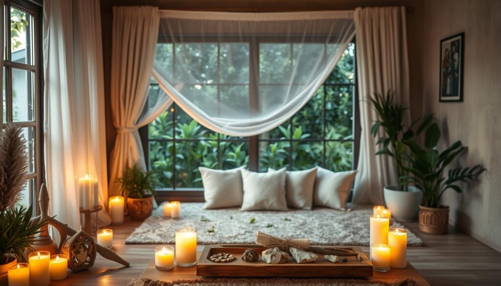 A serene and inviting interior space focused on protection and cleansing energy, featuring a beautifully arranged room with soft, warm candlelight illuminating the corners. In the foreground, a wooden altar adorned with crystals, sage bundles, and protective symbols radiates tranquility. The middle area showcases a comfortable seating space with plush cushions and a flowing white curtain gently swaying with a breeze, creating a peaceful atmosphere. In the background, a window reveals a calm garden filled with lush green plants, symbolizing growth and positivity. The lighting is soft and ethereal, suggesting a sense of safety and refuge. Overall, the mood is calming and spiritual, invoking feelings of protection and harmony.