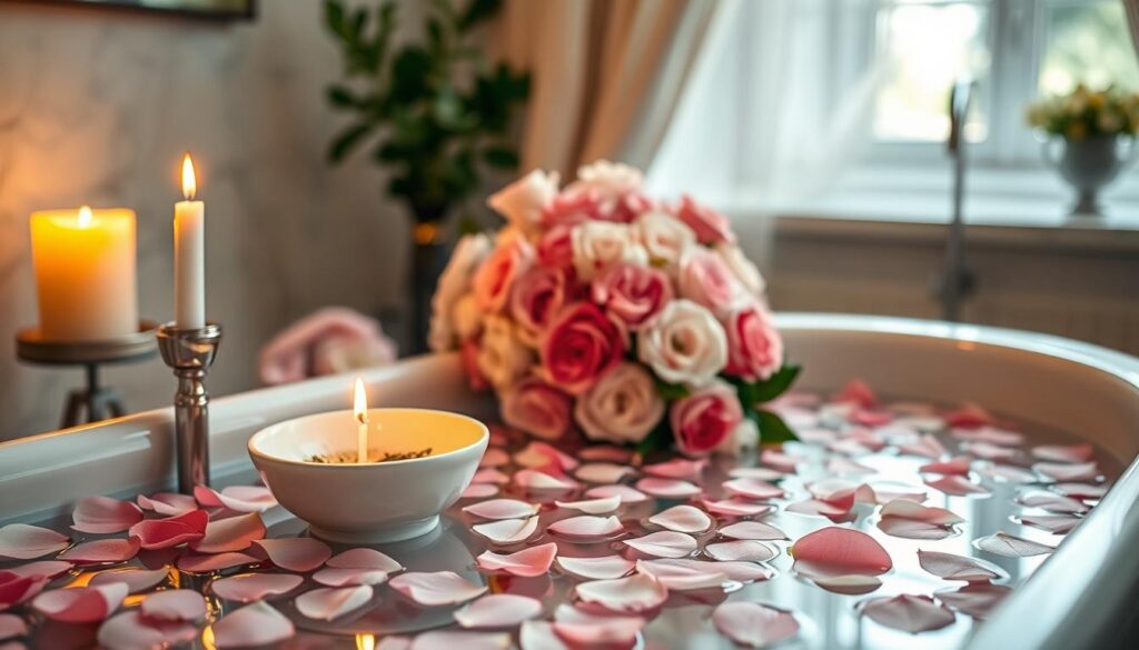 A serene and inviting rose bath ritual scene, featuring a beautifully decorated bathroom setting filled with soft pink and white rose petals floating on the water’s surface. In the foreground, a delicate porcelain bowl filled with essential oils and herbs rests beside the tub. A calming candle flickers gently, casting a warm, golden glow across the space. In the middle, a beautifully arranged bouquet of fresh roses sits elegantly on a marble countertop, enhancing the romantic atmosphere. In the background, softly blurred, the bathroom features a window with sheer drapes allowing natural light to filter in, creating a tranquil ambiance. The overall mood is peaceful and enchanting, perfect for a love spell, with a focus on self-care and romance.