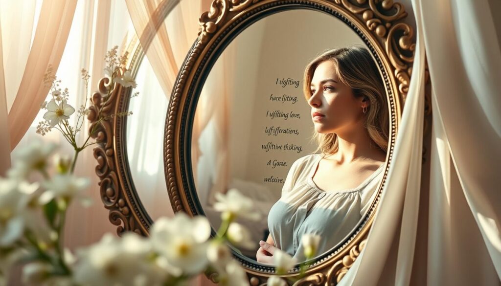 A serene and inviting scene centered around a beautifully ornate mirror reflecting uplifting affirmations. In the foreground, delicate white flowers and soft fabrics drape elegantly, creating a calm atmosphere. In the middle, a graceful Caucasian woman in modest casual clothing gazes into the mirror, her expression serene and focused, embodying the power of self-love and positive thinking. The background features a softly lit, cozy room adorned with pastel colors, with gentle sunlight streaming through a window, casting warm, inviting shadows. Use a close-up lens to emphasize the mirror's intricate details and the woman's reflection, enhancing the tranquil and empowering mood of daily affirmations. The overall atmosphere should inspire positivity and self-acceptance, perfect for a love spell theme.