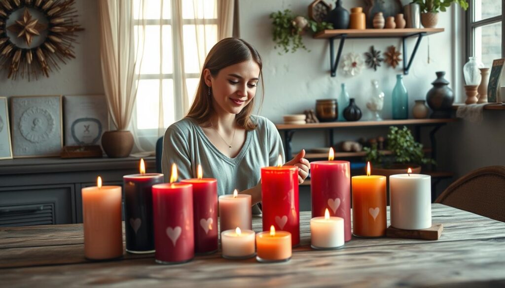 A serene and inviting scene depicting the selection of love spell candles. In the foreground, a beautifully arranged display of candles in various colors and shapes, each representing different aspects of love, set on a rustic wooden table. The middle ground features a thoughtful Caucasian woman in modest casual attire, carefully examining a vibrant red candle with a warm smile. Soft, natural lighting filters through a nearby window, casting gentle shadows and illuminating the rich textures of the candles. The background showcases an aesthetically pleasing shelf filled with herbs, crystals, and mystical artifacts, enhancing the enchanting atmosphere. The overall mood is one of serenity and intention, inviting viewers to embrace positivity and love.