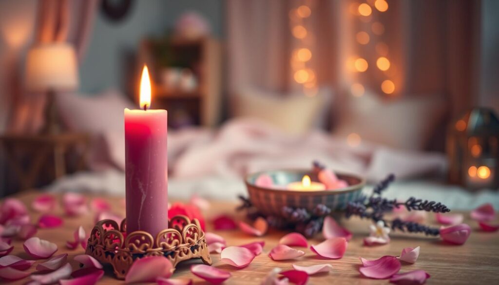 A serene and inviting scene featuring a pink candle at the center, gently glowing and surrounded by delicate rose petals. The foreground captures a small, intricately designed wooden table where the candle stands tall, its soft, flickering flame illuminating the petals around it. In the middle ground, a shallow bowl of water reflects the candle's light, surrounded by subtle lavender and jasmine flowers, enhancing the romantic atmosphere. The background is softly blurred, revealing hints of a cozy room adorned with subtle pastel colors and a dimly lit ambiance. Warm, golden lighting fills the space, creating a sense of tranquility and love. The overall mood is enchanting and inviting, ideal for a love spell ritual.