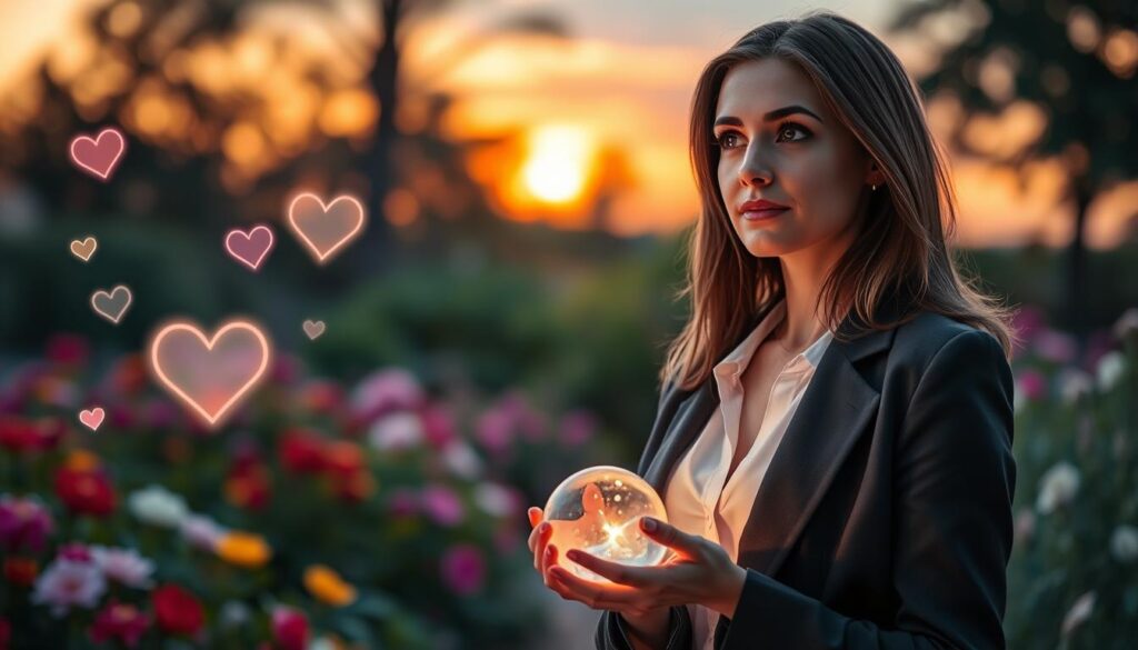 A serene and inviting scene illustrating "Results Signs" with a beautiful Caucasian woman in professional attire, standing confidently in the foreground. She gazes thoughtfully into the distance, surrounded by soft, glowing symbols of love and attraction—hearts, subtle sparkles, and gentle light emanating from a crystal orb held in her hands. In the middle ground, a lush garden filled with blooming flowers and vibrant colors adds depth, symbolizing growth and positivity. The background features a softly blurred sunset sky, casting warm golden and pink hues, creating a tranquil atmosphere. The lighting is ethereal, with a focus on the subject, enhancing the aura of hope and enchantment. The mood is uplifting, reflecting the positive outcomes of a successful attraction spell.