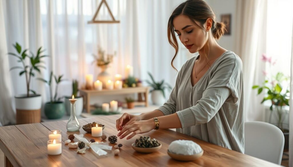 A serene and inviting scene showcasing a beautiful, well-lit room prepared for a cleansing ritual. In the foreground, a lovely Caucasian woman in modest, casual attire is carefully arranging natural tools such as crystals, sage bundles, and candles on a wooden table, exuding a sense of purpose and tranquility. The middle layer features a softly glowing altar adorned with fresh herbs and flowers, surrounded by flickering candles, casting warm, inviting light. In the background, sunlight filters through sheer curtains, illuminating the room filled with plants and calming decor, enhancing the peaceful atmosphere. The mood is serene and focused, inviting the viewer to embrace the cleansing and preparation process in their own space. The composition is softly focused, creating a harmonious blend of light and shadow, evoking a sense of calm readiness.