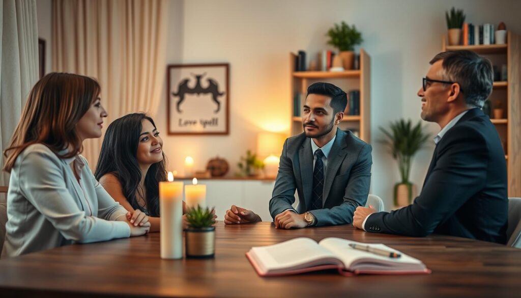 A serene and inviting setting that conveys safety and consent. In the foreground, a table features a diverse group of three Caucasian individuals in professional attire, engaged in a thoughtful discussion. The middle ground showcases gentle, warm lighting, highlighting soft textures like fabric drapes and calming decor, such as potted plants or candles. The background is a cozy room with soothing colors, perhaps a bookshelf filled with self-help books and symbols of guidance, like an open notebook with a pen. The atmosphere is peaceful and respectful, encouraging open dialogue about love spells and consent, with a sense of trust and understanding among the participants. The image should have a shallow depth of field to focus on the individuals, capturing an intimate moment while ensuring clarity and warmth throughout.