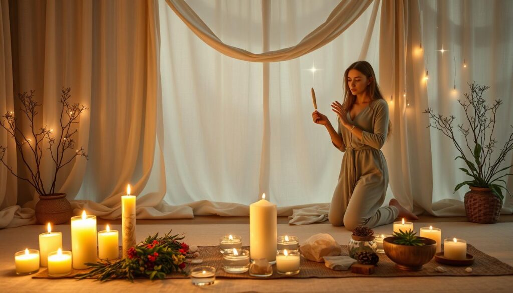 A serene and inviting space for a cleansing and protection ritual. In the foreground, a beautifully arranged altar featuring candles, herbs, crystals, and a bowl of water, symbolizing cleansing. In the middle, two elegant Caucasian figures in modest casual attire, engaged in a peaceful ritual, one holding a smudge stick, the other placing crystals around the altar. The background showcases soft draped fabrics and gentle, ambient lighting that casts a warm glow, enhancing the atmosphere of tranquility and focus. Delicate plants and ethereal, mystical elements like stars or wisps of light are softly illuminated, creating a sense of sacredness and spiritual connection. The overall mood is calm, inviting, and contemplative, perfect for preparation rituals.