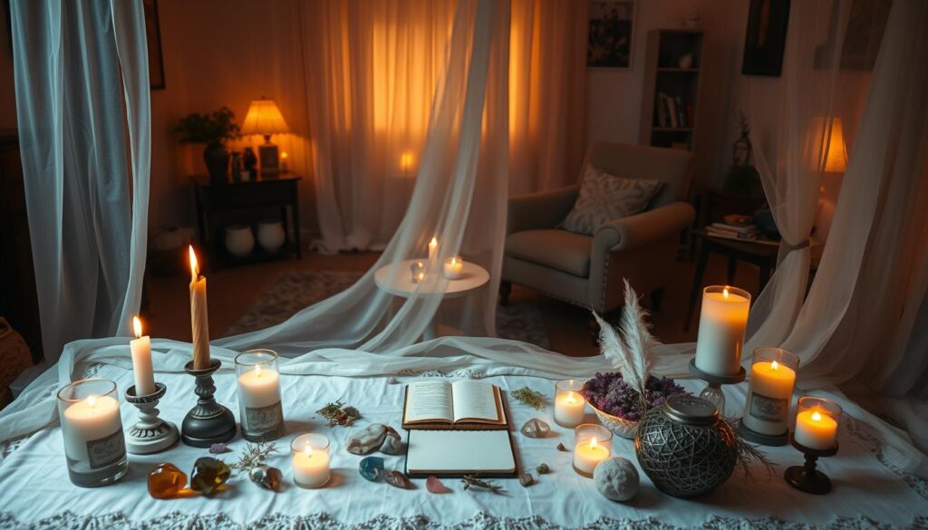 A serene and inviting space for a love spell, featuring a beautifully arranged altar at the foreground with flickering candles, an array of colorful crystals, and fragrant herbs. In the middle, a softly flowing, sheer curtain gently billows, creating a sense of intimacy, while a small table holds a notebook and white sage for cleansing. In the background, a cozy room illuminated by warm, golden light, casting soft shadows that enhance the magical ambiance. A cozy armchair is positioned nearby, inviting contemplation, with a small shelf showcasing various spell books. The overall mood is peaceful and mystical, evoking a sense of preparation and focus for the love spell ritual. The composition is captured with a medium focal length lens to create a warm, inviting atmosphere.