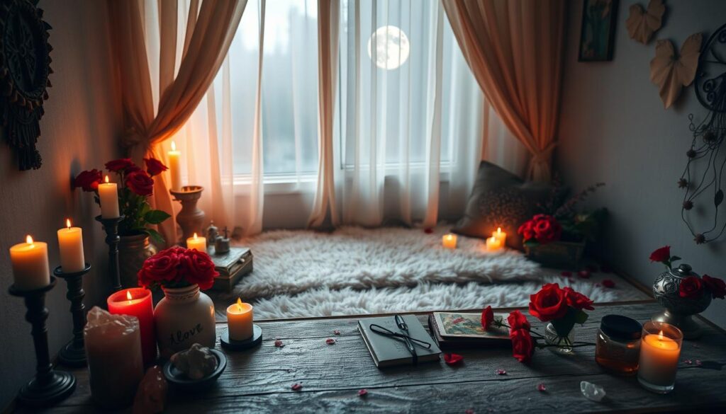 A serene and inviting space prepared for love magic, featuring a cozy corner filled with soft, warm lighting. In the foreground, a beautifully arranged altar with candles, crystals, and flowers in hues of red and pink, symbolizing romance. In the middle, a plush, inviting rug where one might sit comfortably, surrounded by delicate, fragrant herbs and mystical items such as tarot cards and a journal. The background showcases a softly lit window with sheer curtains, allowing gentle moonlight to filter in, adding to the enchanting atmosphere. The overall mood is tranquil and romantic, evoking a sense of peace and readiness for love spells. The image should maintain a balanced composition with a focus on the intimate setting, emphasizing warmth and magic.