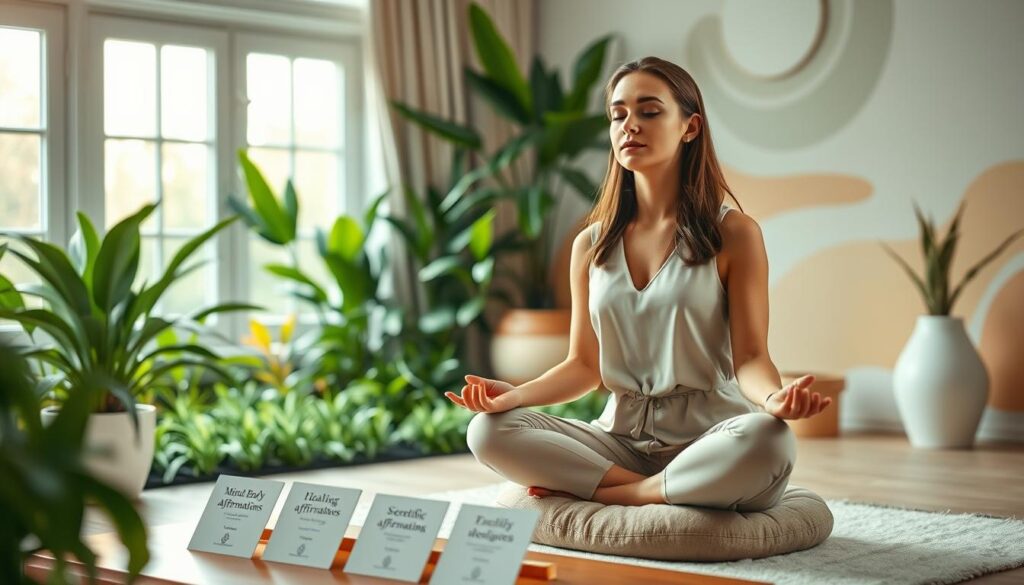 A serene and inviting wellness space, featuring a beautifully arranged meditation area with soft, ambient lighting. In the foreground, a well-dressed Caucasian woman sits cross-legged on a plush meditation cushion, her hands resting on her knees, eyes closed in a state of peaceful contemplation. In the middle, a lush indoor garden filled with vibrant green plants and gentle evening light filtering through large windows creates a soothing atmosphere. On a nearby table, elegantly designed cards displaying scientific healing affirmations are neatly organized. The background reveals soft pastel colors and abstract patterns that symbolize energy and healing, enhancing the overall tranquil mood of mind-body wellness. The image capture employs a slightly angled shot, utilizing a warm color palette to evoke feelings of harmony and positivity.