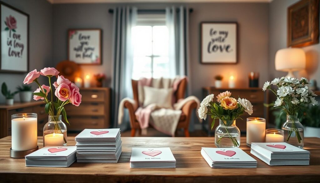 A serene and inviting workspace filled with elements of love and positivity. In the foreground, a beautifully arranged wooden desk features neatly stacked daily affirmation cards with heart motifs, surrounded by soft, glowing candles. Fresh flowers in a vase add a touch of natural beauty. In the middle, a cozy chair draped with a pastel-colored blanket invites contemplation. The background showcases a softly blurred window with gentle sunlight streaming in, creating a warm ambiance. The room is decorated with calming earthy tones and motivational wall art that reflects love and harmony. Overall, the atmosphere is peaceful and uplifting, evoking a sense of personal growth and connection. Use soft, warm lighting to enhance the inviting mood.