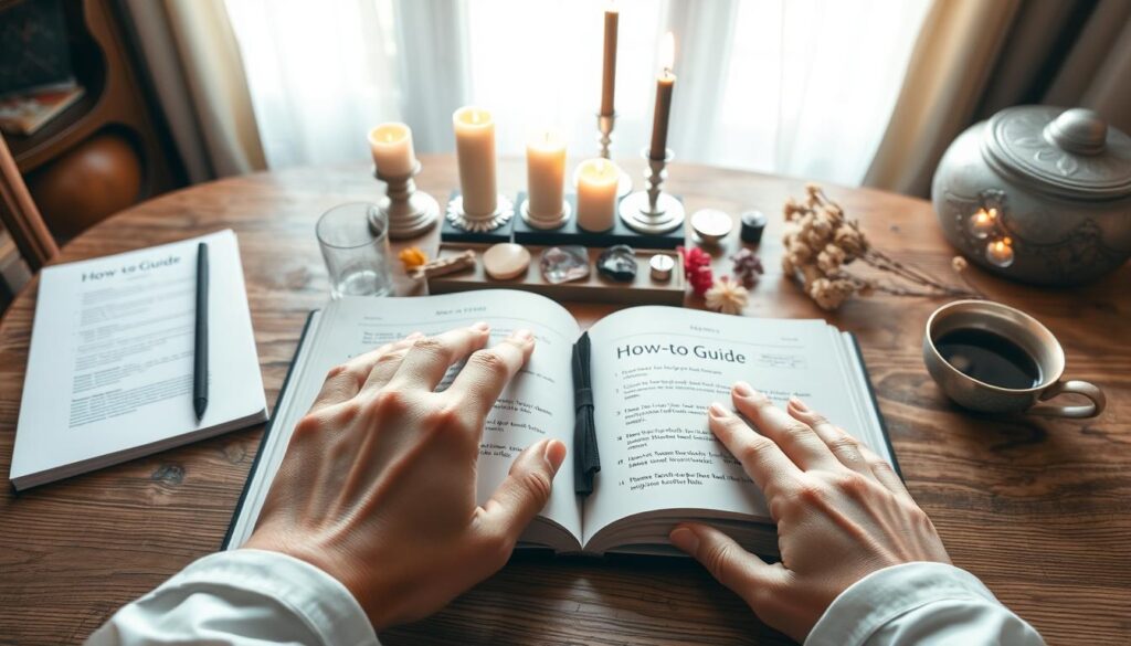 A serene and inviting workspace set on a wooden table, featuring an elegant open book titled "How-to Guide" with pages displaying illustrated steps for casting love spells. In the foreground, a pair of hands, elegantly manicured and dressed in professional attire, carefully point to the steps in the book. In the middle, there are magical tools such as candles, crystals, and dried flowers arranged neatly, suggesting an atmosphere of enchantment and focus. In the background, soft natural light filters through a window, illuminating the scene and creating a warm, comforting mood. The overall ambiance is magical yet professional, evoking a sense of guidance and safety in practicing love spells effectively.