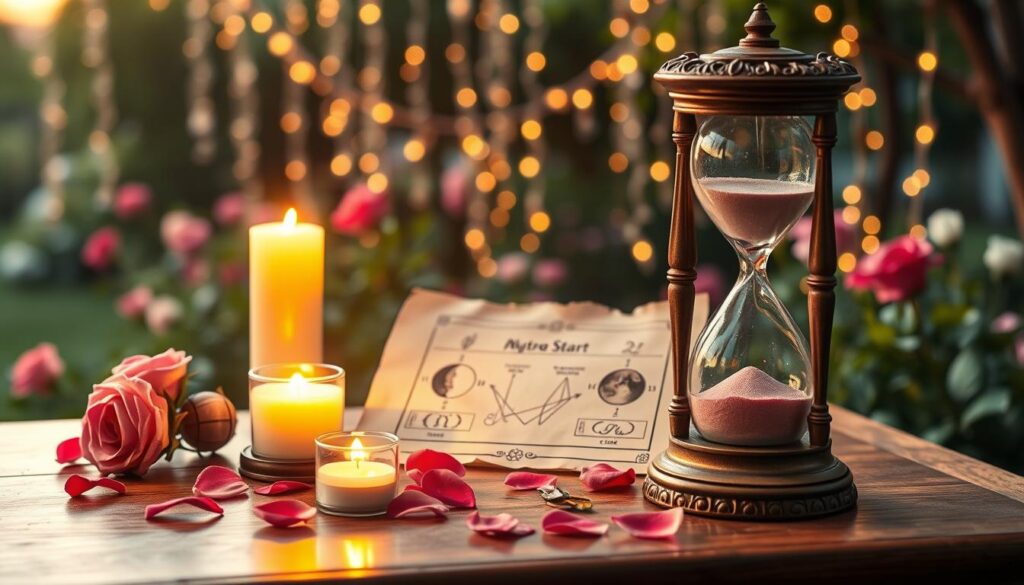 A serene and magical scene depicting a quick-start timing framework for love spells. In the foreground, a beautifully crafted wooden table holds an ornate hourglass, symbolizing the passage of time, surrounded by fresh rose petals and small crystals. In the middle, a soft, glowing candle emits warm light, illuminating a parchment with neatly drawn astrological symbols and phases of the moon. A gentle breeze lifts the edges of the parchment, creating a sense of movement. In the background, a dreamy garden at twilight with twinkling fairy lights draping over lush greenery sets a romantic atmosphere. The color palette features soft pastels and warm hues, evoking feelings of hope and confidence, while soft bokeh lighting creates an ethereal quality, enhancing the enchanting mood of the image.
