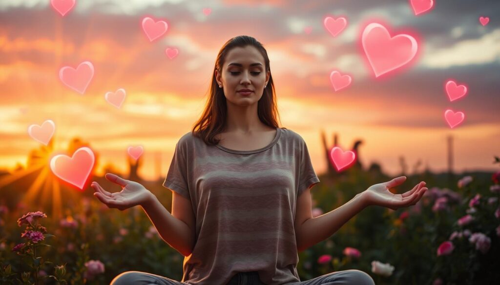 A serene and magical scene depicting "love energy" in vibrant hues. In the foreground, a beautiful Caucasian woman in modest casual clothing meditates with her palms up, surrounded by swirling, luminous heart-shaped orbs of energy glowing softly in pinks and reds. The middle ground features gentle light rays filtering through a lush garden filled with blooming flowers and green foliage, symbolizing growth and self-love. In the background, a softly blurred sky at sunset transitions from corals to deep purples, evoking a sense of calm and connection. The atmosphere is peaceful and uplifting, with golden lighting casting a warm glow on the scene, creating an aura of tranquility and positivity. The composition is framed from a slightly elevated angle, focusing on the subject, ensuring a captivating and inviting portrayal of love energy.