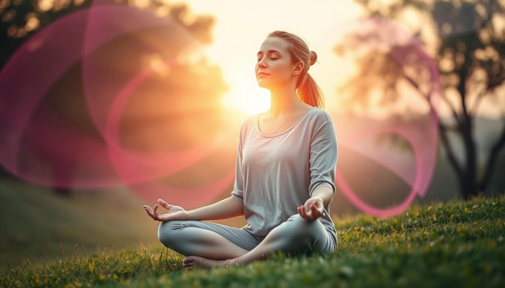A serene and mystical atmosphere encapsulating the theme of "mindset energy." In the foreground, a beautiful Caucasian woman in modest casual clothing, sitting cross-legged on a grassy hill, meditating with her eyes closed, radiating a warm golden glow that symbolizes self-love and belief. The middle ground shows ethereal, swirling colors of pink, purple, and blue energy surrounding her, representing positive mindset energy. In the background, soft, blurred trees and a tranquil sunset add depth, with rays of light filtering through the leaves, casting a gentle illumination. The scene is depicted with a soft focus and warm lighting, evoking a sense of calm and empowerment, inviting viewers into a world of positive energy and self-discovery.